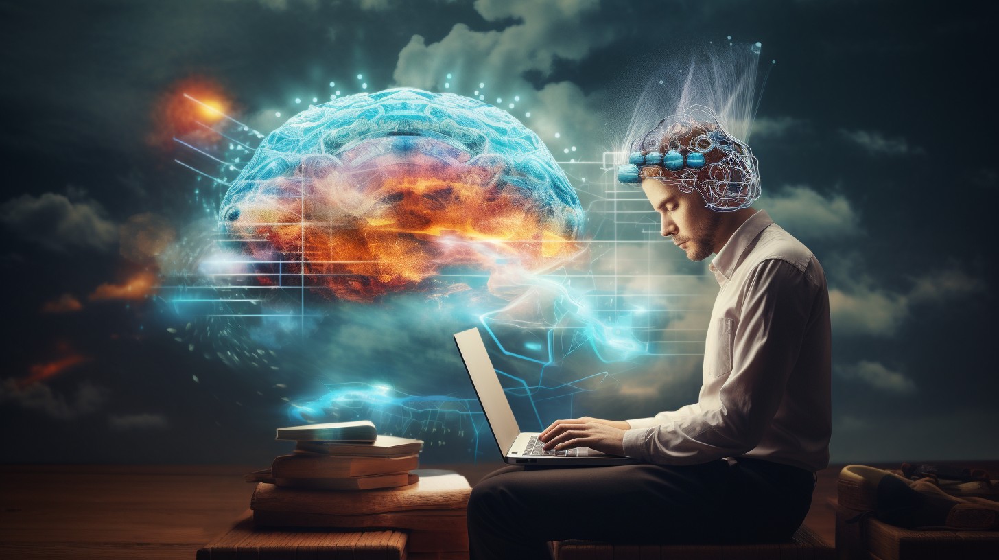 imaginary scene: person using a laptop to search the internet; signals emanating from their brain