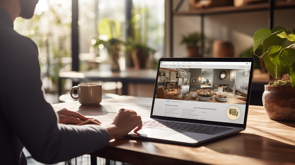Person using a laptop displaying an interior design website while sitting at a wooden table with a coffee cup and a potted plant beside the computer.